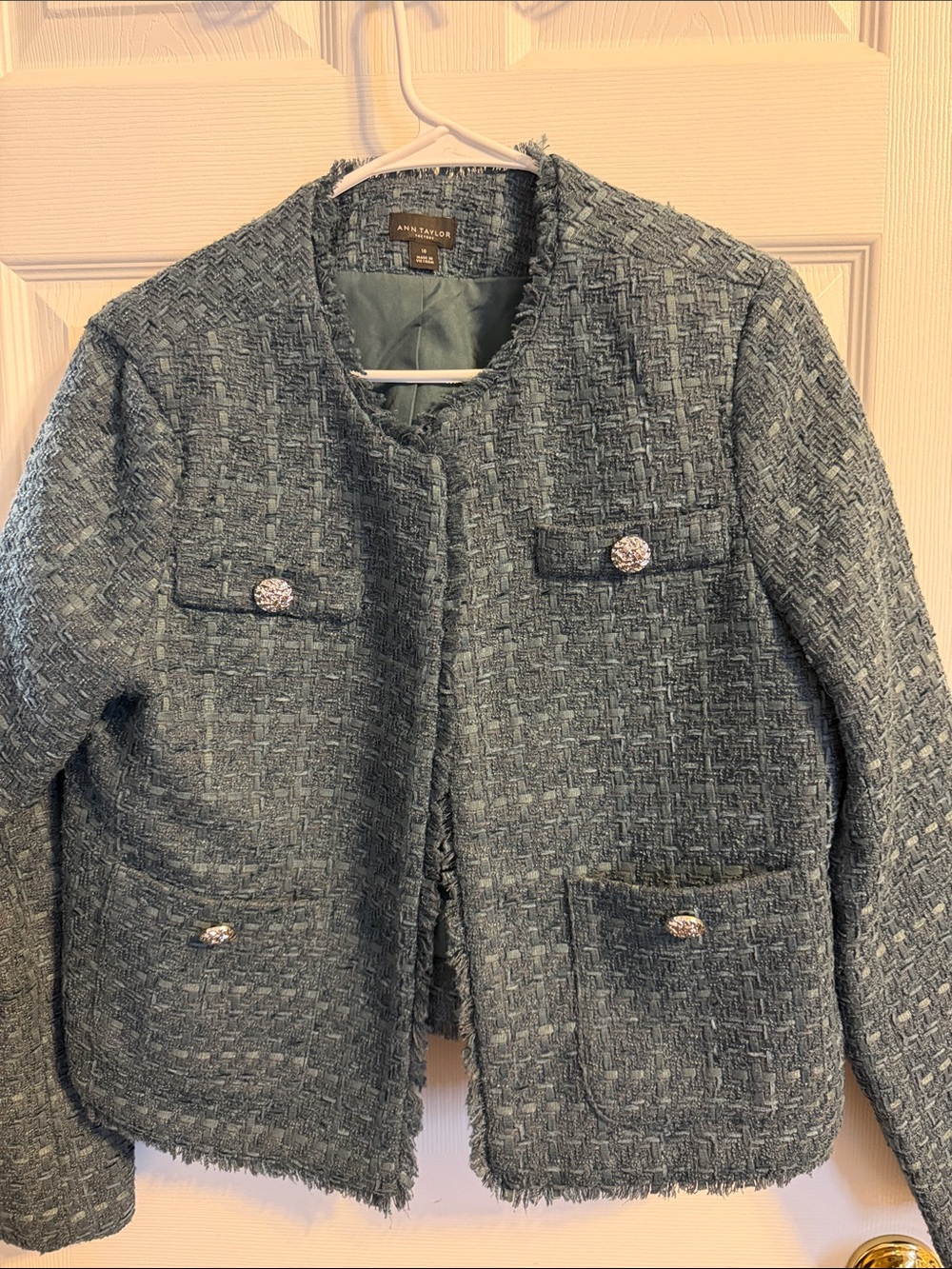 Ann Taylor Factory Seafoam Tweed Collarless Blazer with Rhinestone Buttons